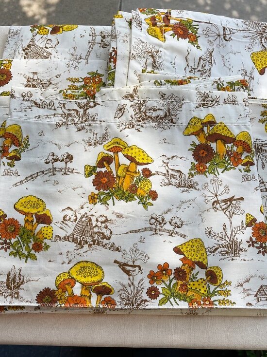Vintage Other - Vtg 70s Mushroom Woodland Toile Fabric Craft Lot 12 Pcs 11+ Yds Total Hemmed